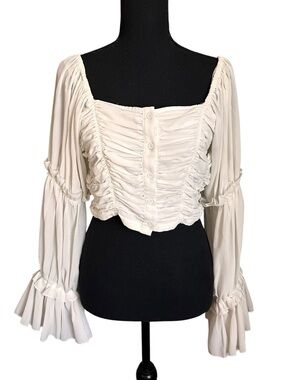 Fanco Women's Ruffle Sleeve Square Neck Long Sleeve Button Down Blouse Size M